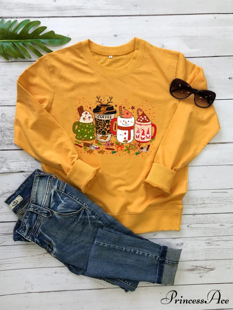 Colored Coffee Party Aesthetic Pure Cotton Jumper Graphic Christmas Hoodie Yellow / S Christmas Hoodies-L