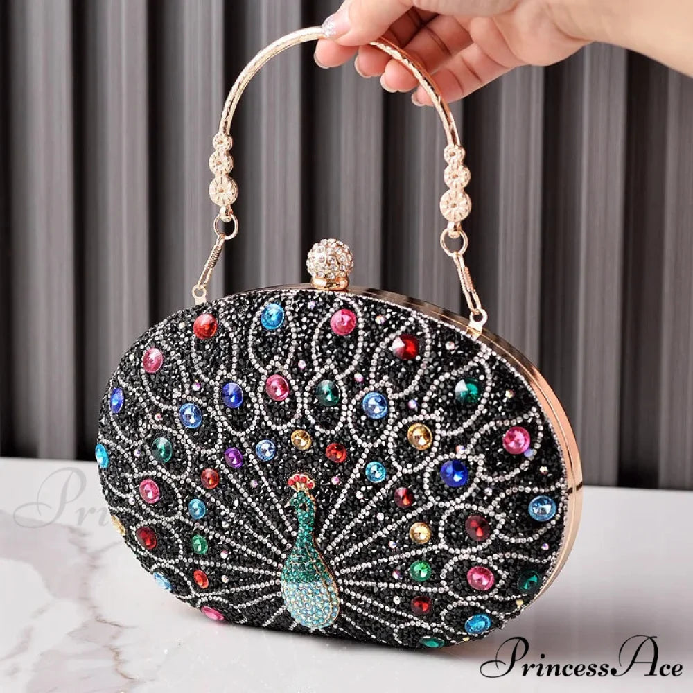 Colorful Design Gemstone Night Rhinestone Shoulder Clutch Bag Black clutchbag-250126