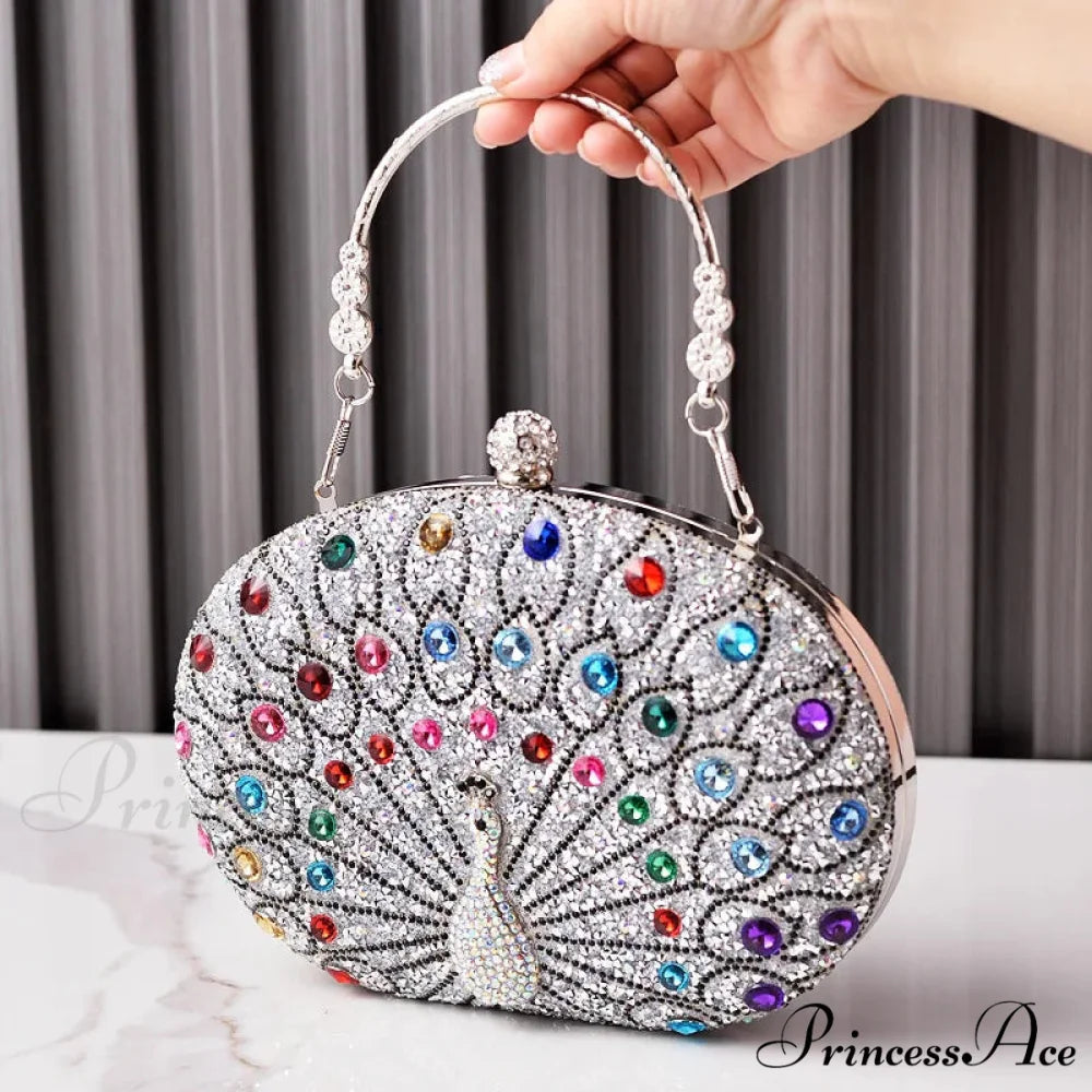 Colorful Design Gemstone Night Rhinestone Shoulder Clutch Bag silver clutchbag-250126