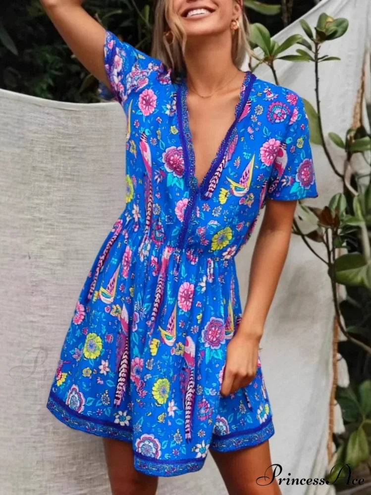Colorful Flower Deep Plunge Bohemian Dress Blue / S bohodress-250126