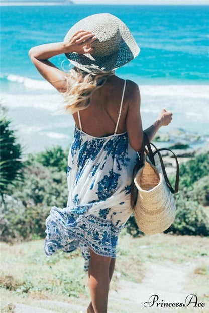 Colorful Flower Pattern Sleeveless Seaside Free-Spirited Maxi Boho Dress bohodress-250126