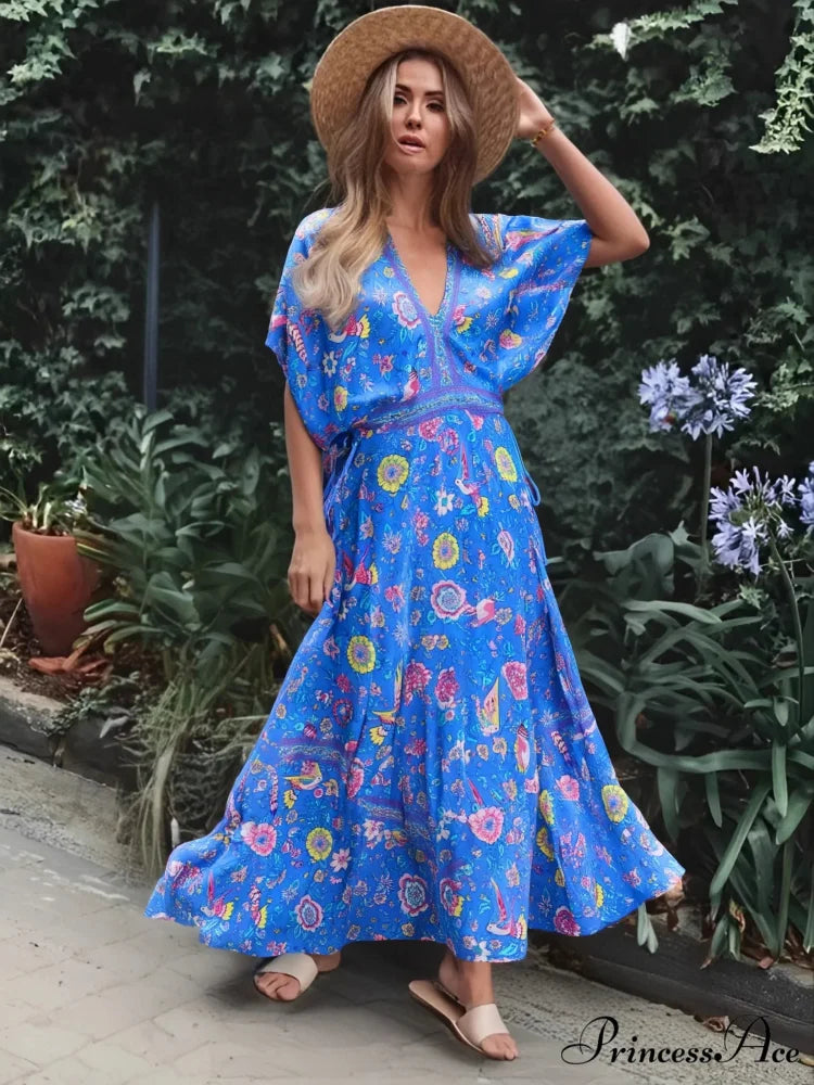 Colorful Flower Pattern V-neck Fringe Rayon Holiday Bohemian Dress Blue / S bohodress-250126