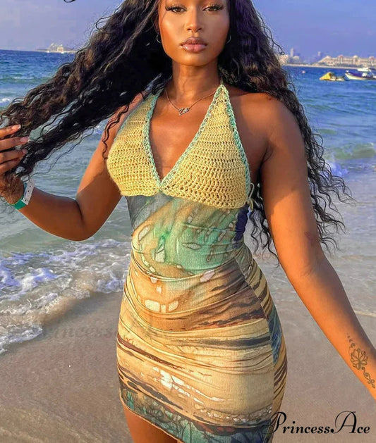 Colorful Lace-Up Halter Short Dress minidress-250223