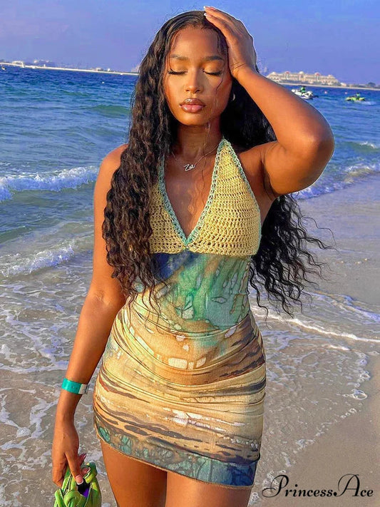 Colorful Lace-Up Halter Short Dress Multi color / S minidress-250223