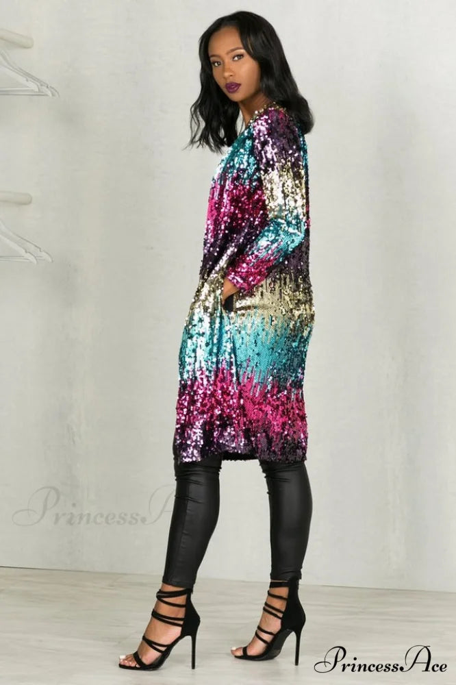 Colorful Mid-Length Stylish Sequin Cardigan