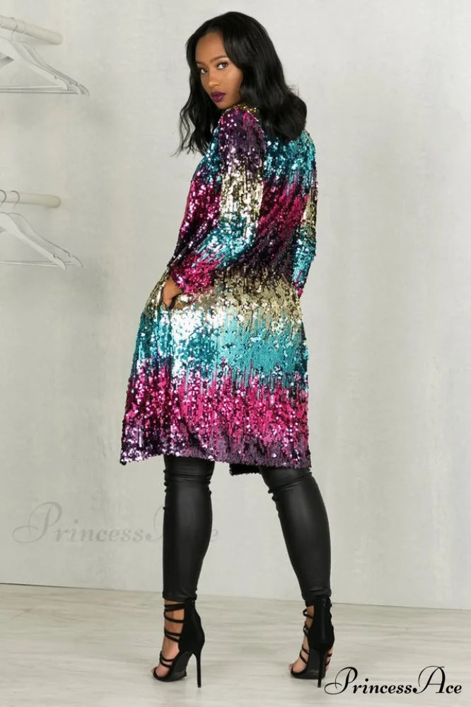 Colorful Mid-Length Stylish Sequin Cardigan