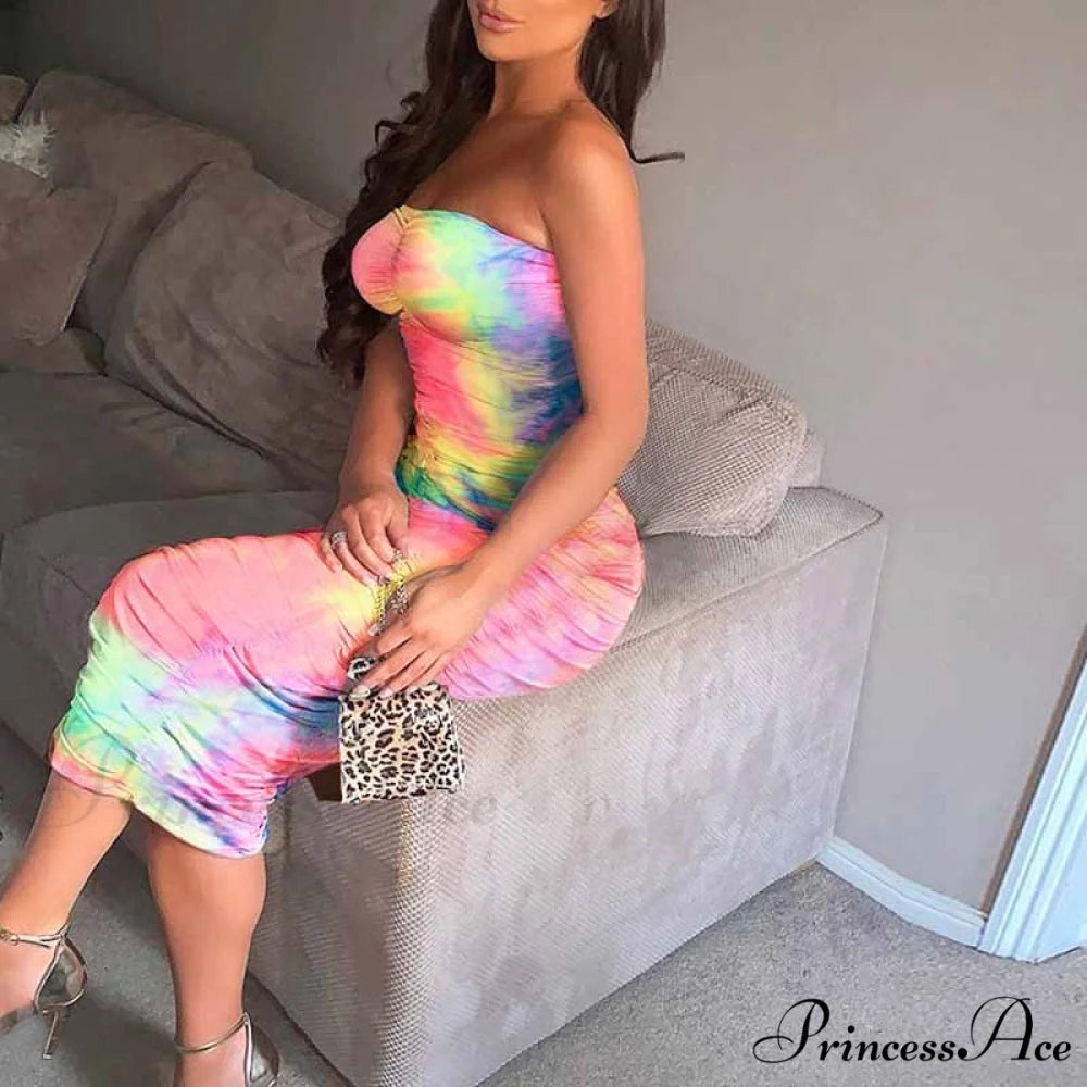 Colorful Pleated Long Sleeveless Strapless Dress
