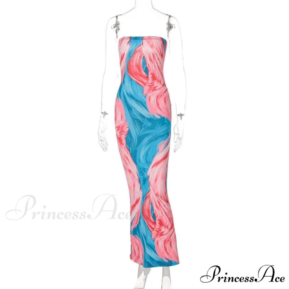 Colorful Strapless Maxi Bodycon Dress blue and pink / S