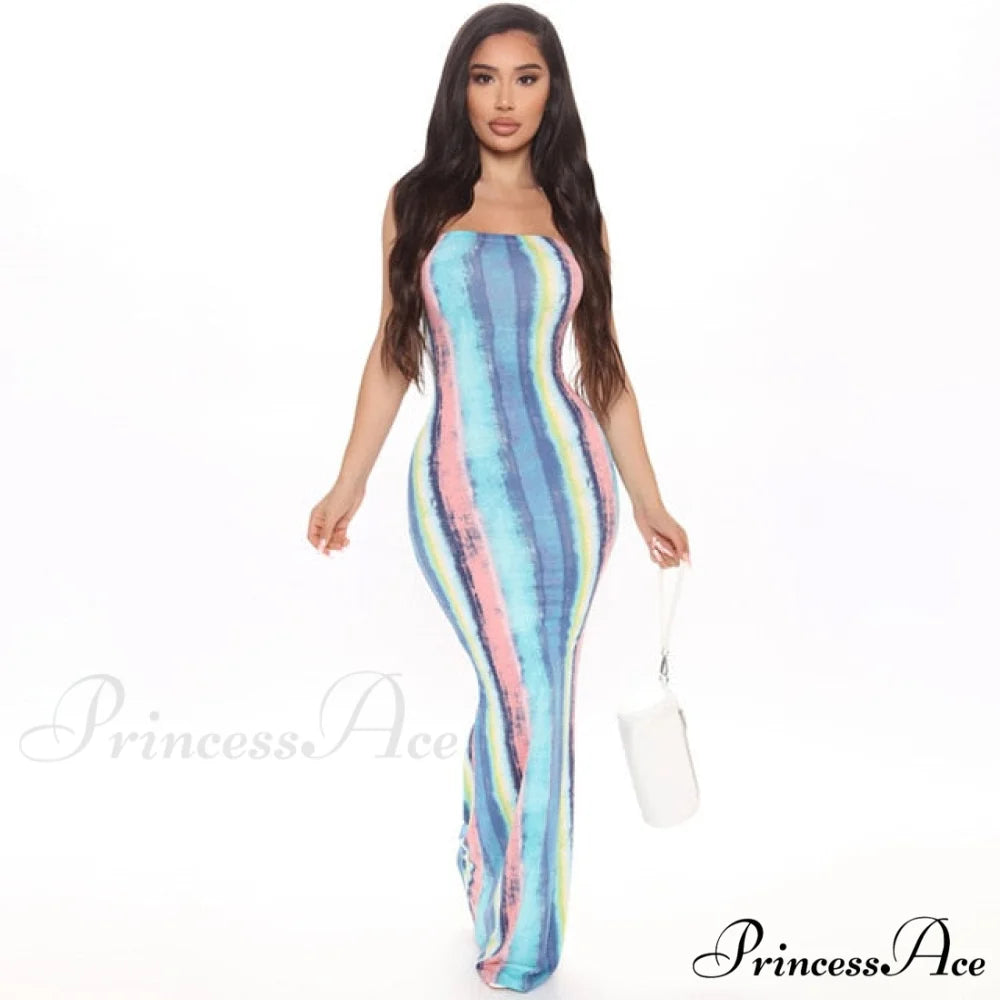 Colorful Strapless Maxi Bodycon Dress blue / S