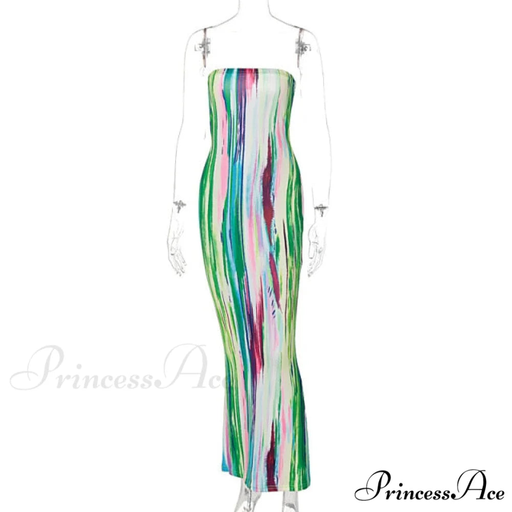 Colorful Strapless Maxi Bodycon Dress dark green / S