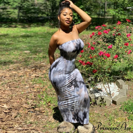 Colorful Strapless Maxi Bodycon Dress gray / S