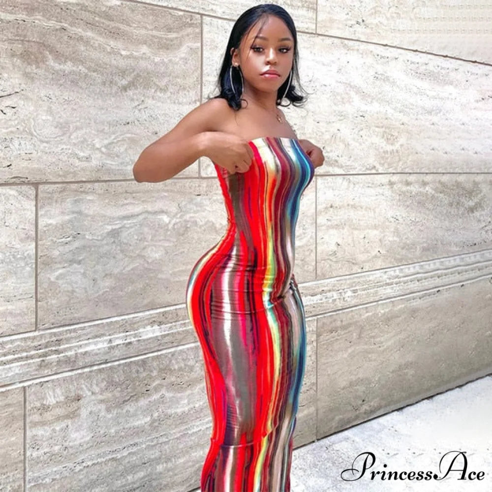 Colorful Strapless Maxi Bodycon Dress red / S