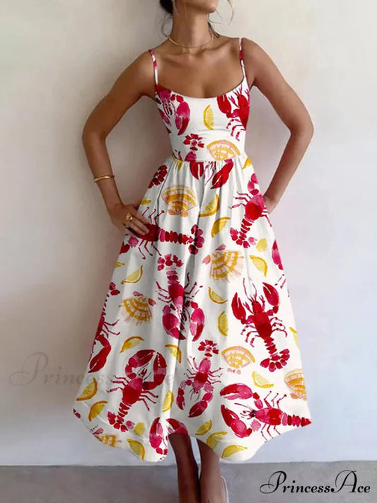 Colorful Unique Printed Sexy Graceful Suspender Slim Midi Dress Red / S