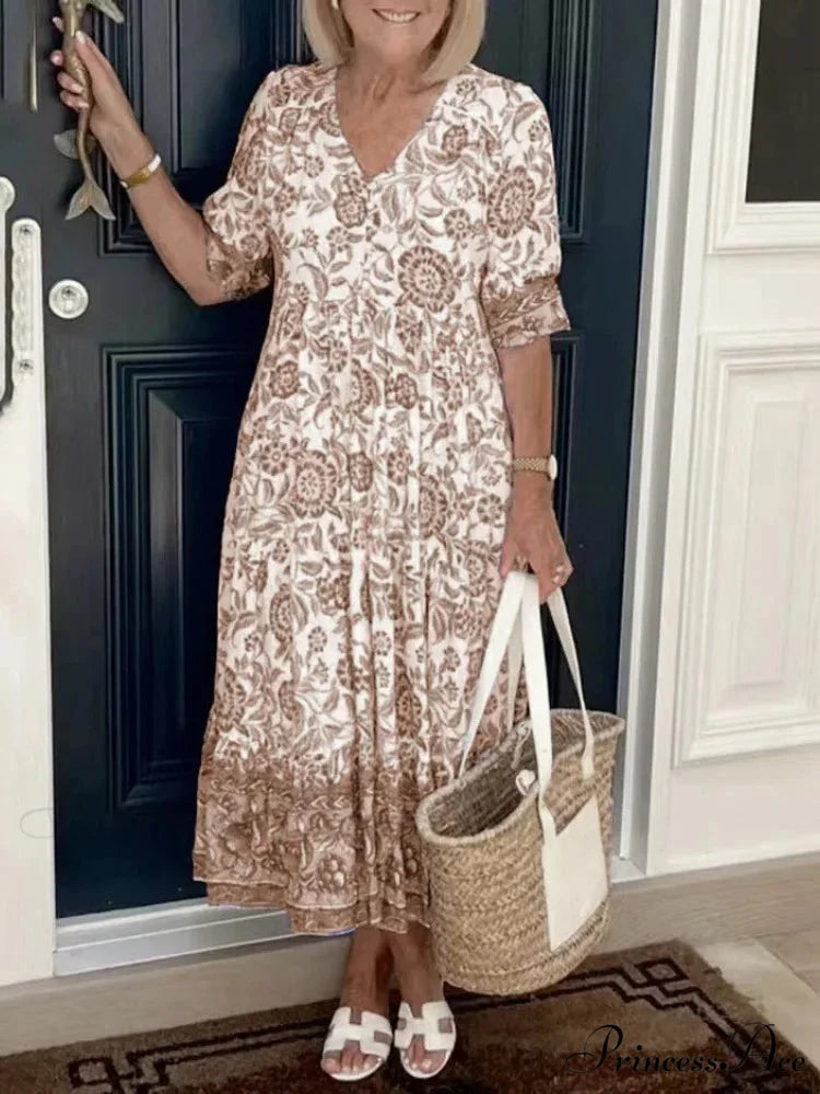 Colorful V-neck Flower Dress Extra Large Flowy Summer Dress Khaki / S oldfloraldress-250126