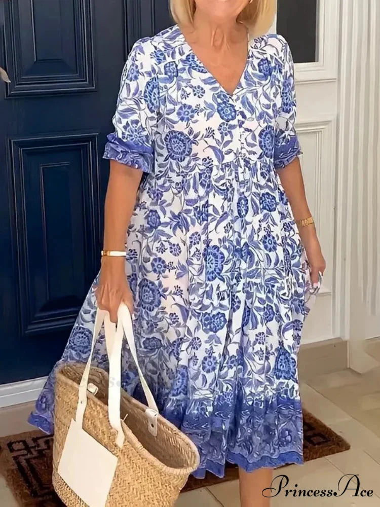 Colorful V-neck Flower Dress Extra Large Flowy Summer Dress oldfloraldress-250126