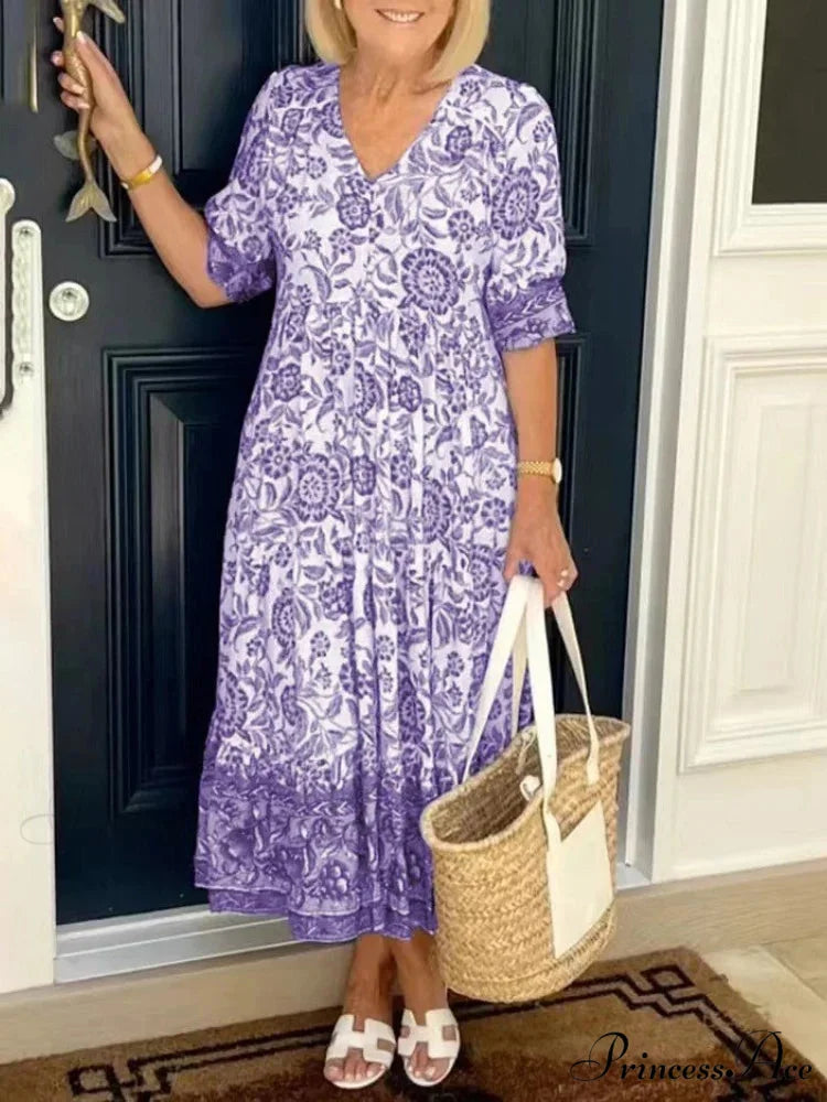 Colorful V-neck Flower Dress Extra Large Flowy Summer Dress PURPLE / S oldfloraldress-250126