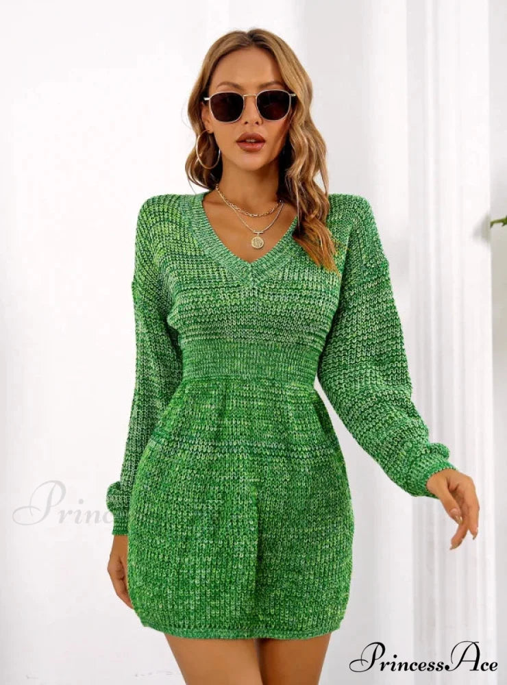 Colorful V-Neck Lantern Sleeve Sweater Dress S / blue