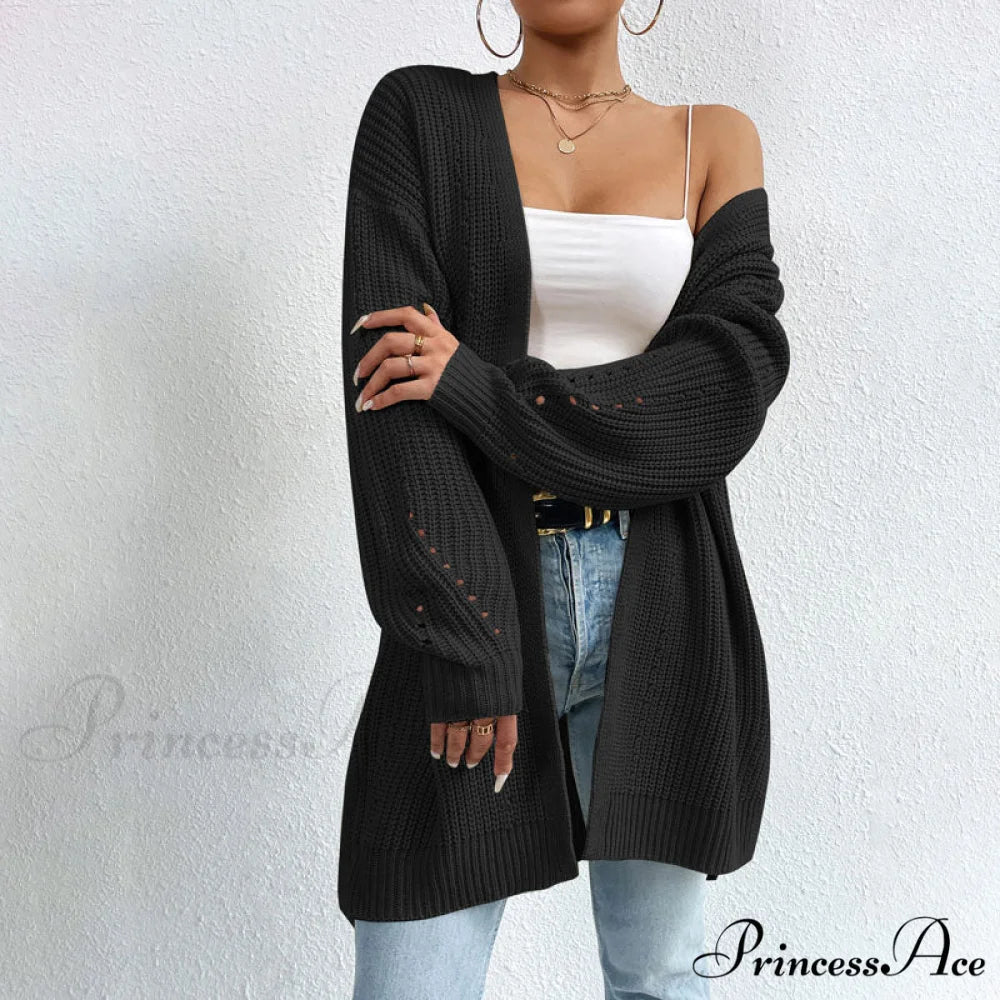 Colour Knitted Solid Cardigan Black / S