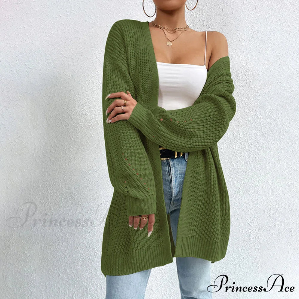 Colour Knitted Solid Cardigan Green / S