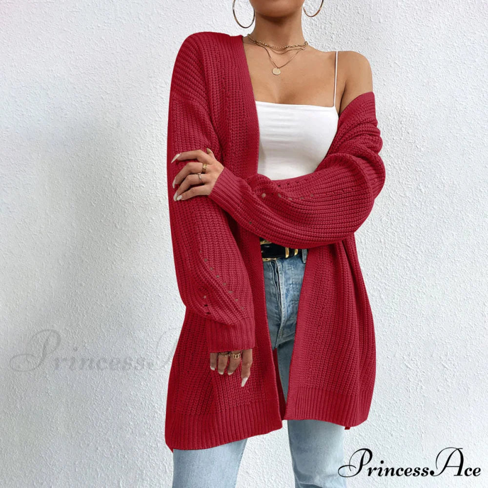 Colour Knitted Solid Cardigan Wine Red / S
