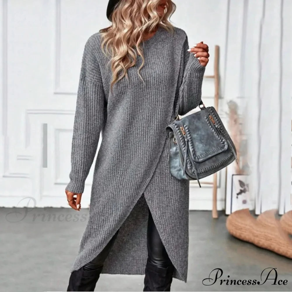 Commute Long Knit Coat Fashion Solid Midi Knitwear Warm Lady Vintage Harajuku Pullover Loose Slit Elegant Midi Dress