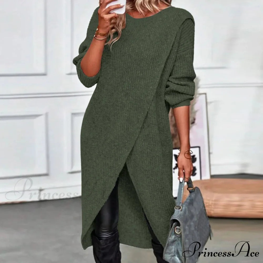 Commute Long Knit Coat Fashion Solid Midi Knitwear Warm Lady Vintage Harajuku Pullover Loose Slit Elegant Midi Dress