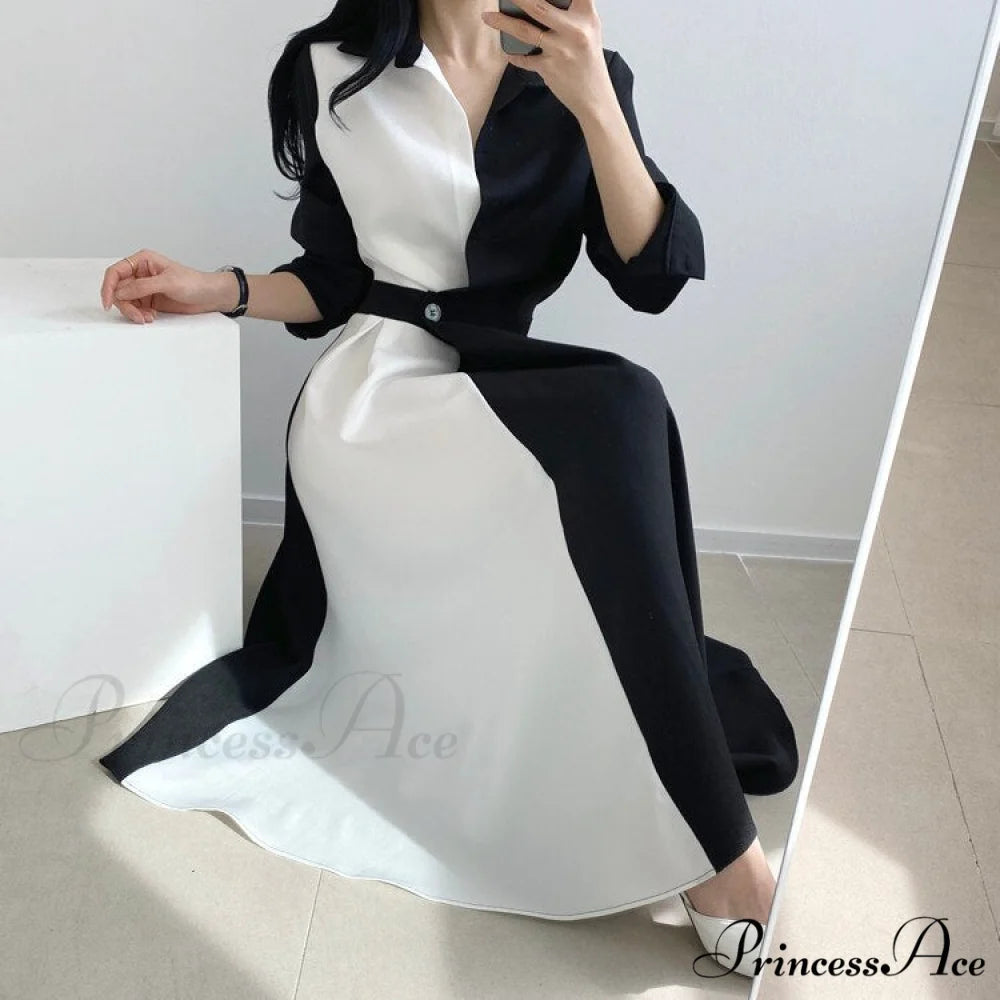 Contrast - Blouse Lapel Fashion Midi Gown Elegant Color Retro Gown Slim Long-Sleeved Korean Chic for Women