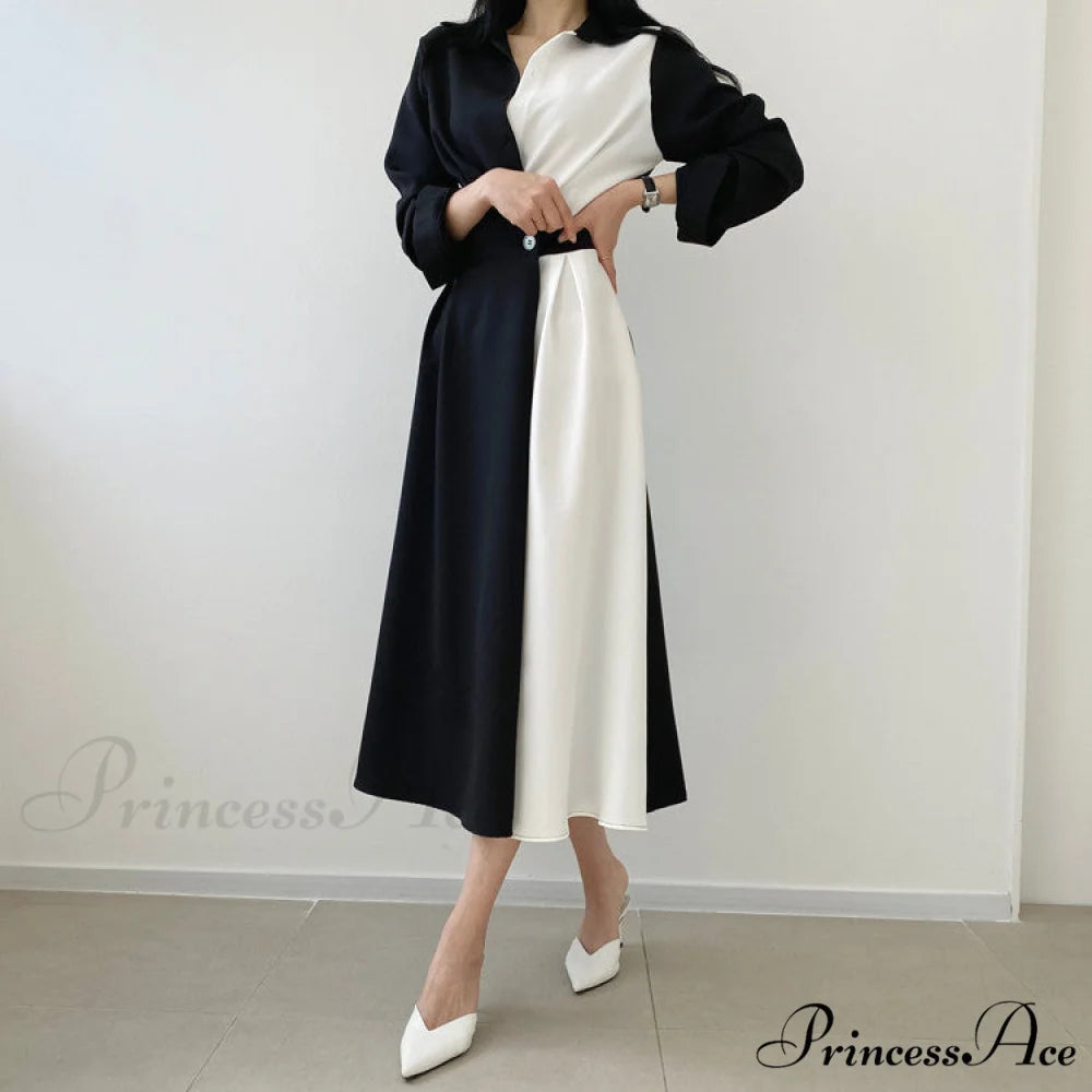 Contrast - Blouse Lapel Fashion Midi Gown Elegant Color Retro Gown Slim Long-Sleeved Korean Chic for Women