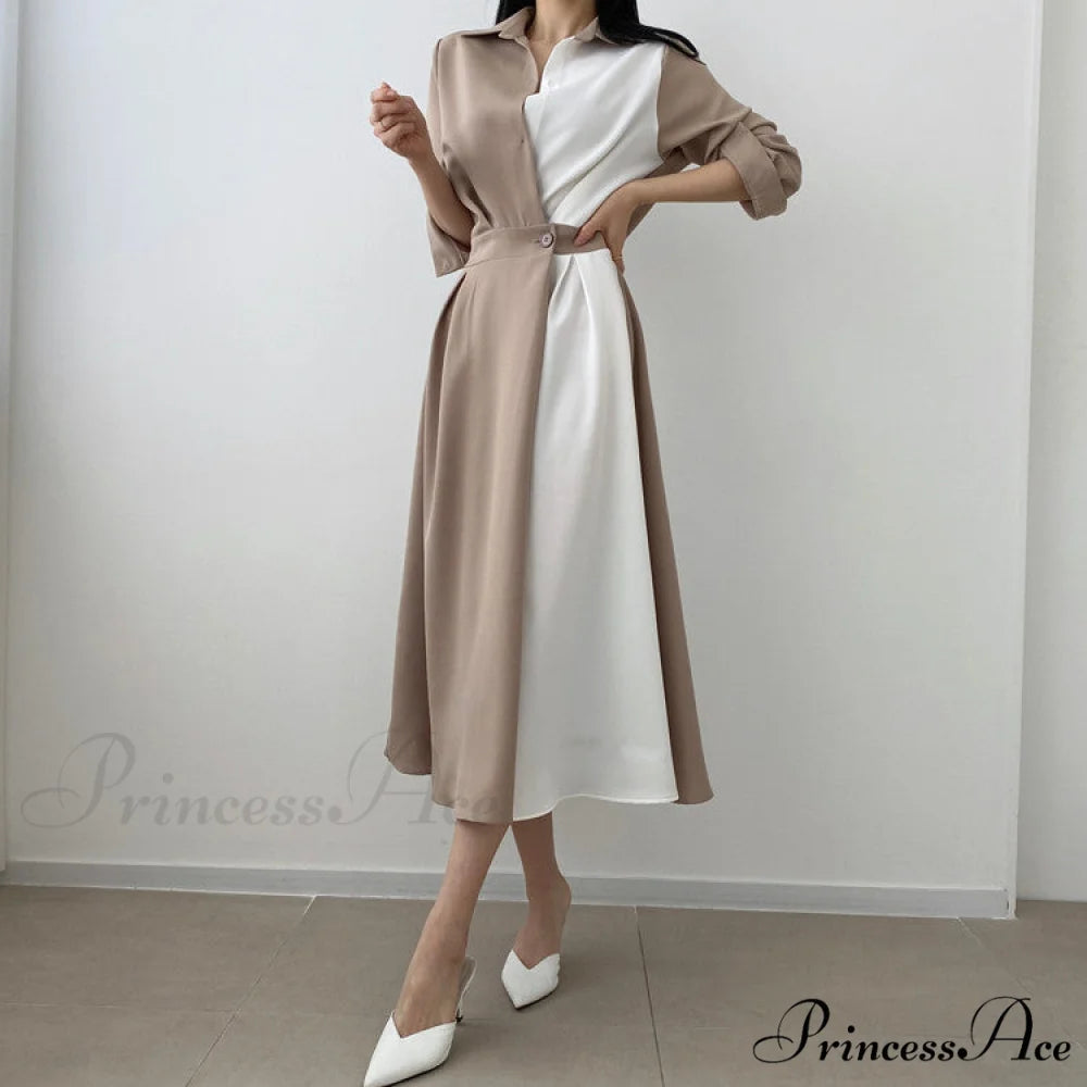 Contrast - Blouse Lapel Fashion Midi Gown Elegant Color Retro Gown Slim Long-Sleeved Korean Chic for Women