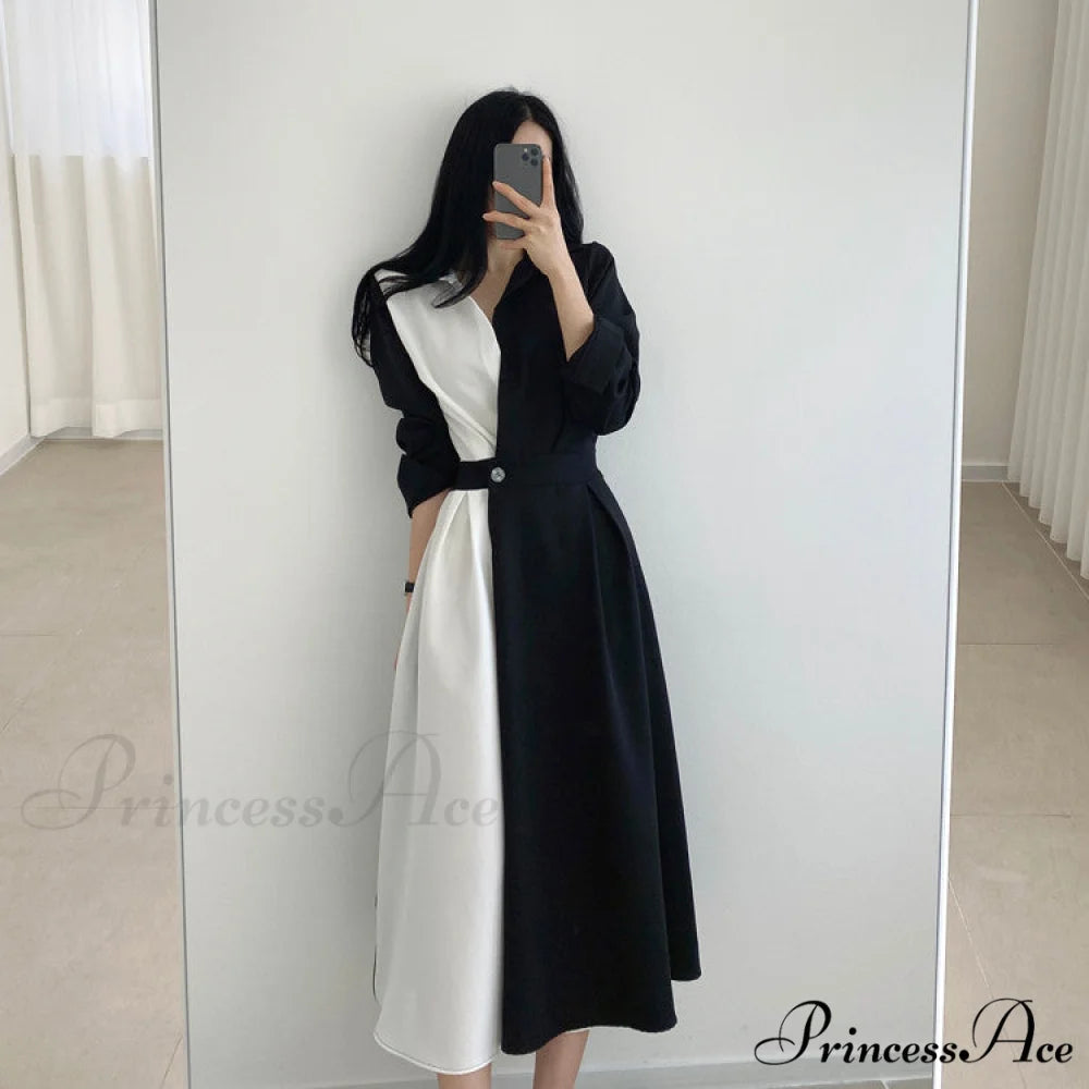 Contrast - Blouse Lapel Fashion Midi Gown Elegant Color Retro Gown Slim Long-Sleeved Korean Chic for Women