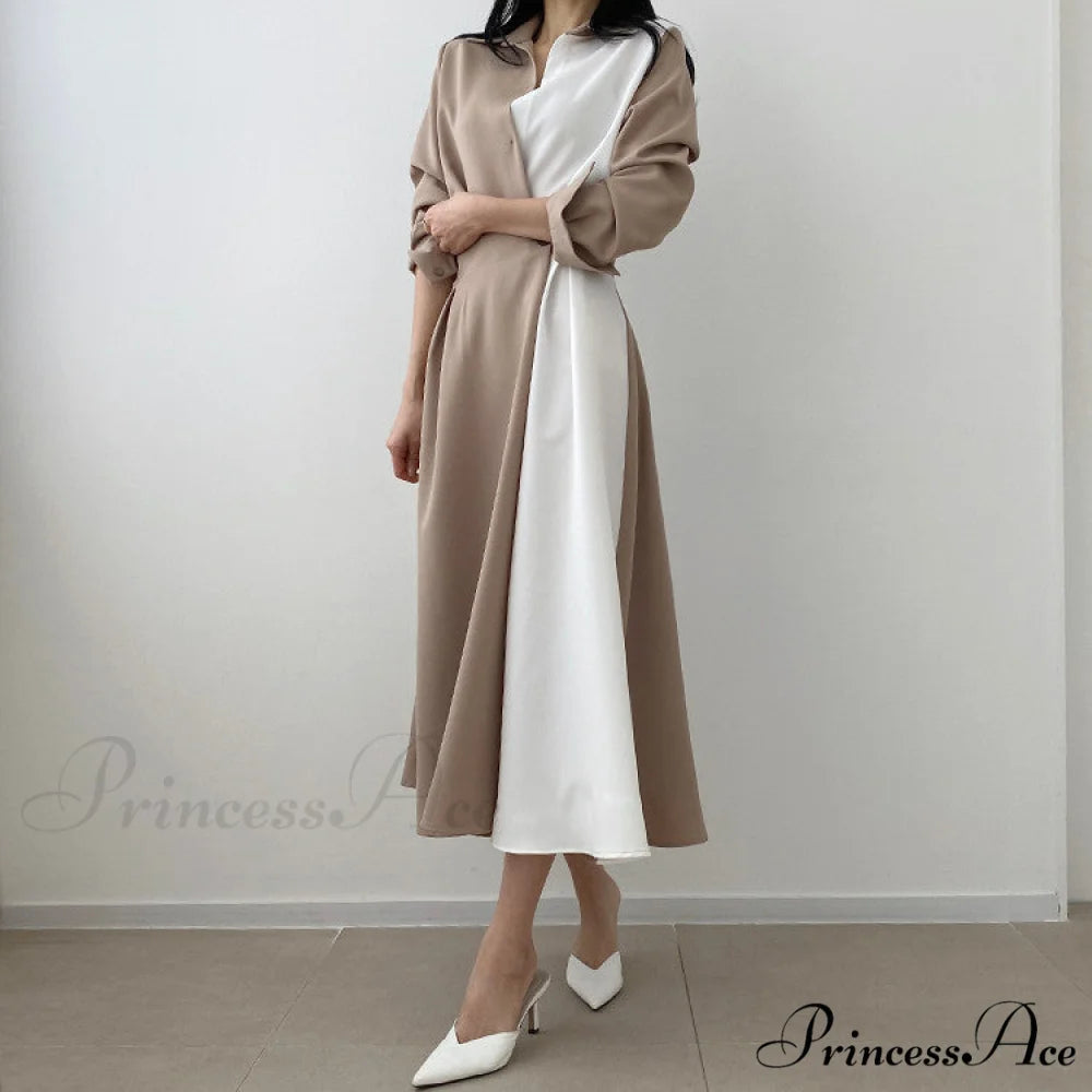 Contrast - Blouse Lapel Fashion Midi Gown Elegant Color Retro Gown Slim Long-Sleeved Korean Chic for Women