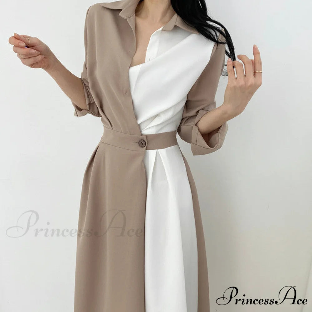 Contrast - Blouse Lapel Fashion Midi Gown Elegant Color Retro Gown Slim Long-Sleeved Korean Chic for Women