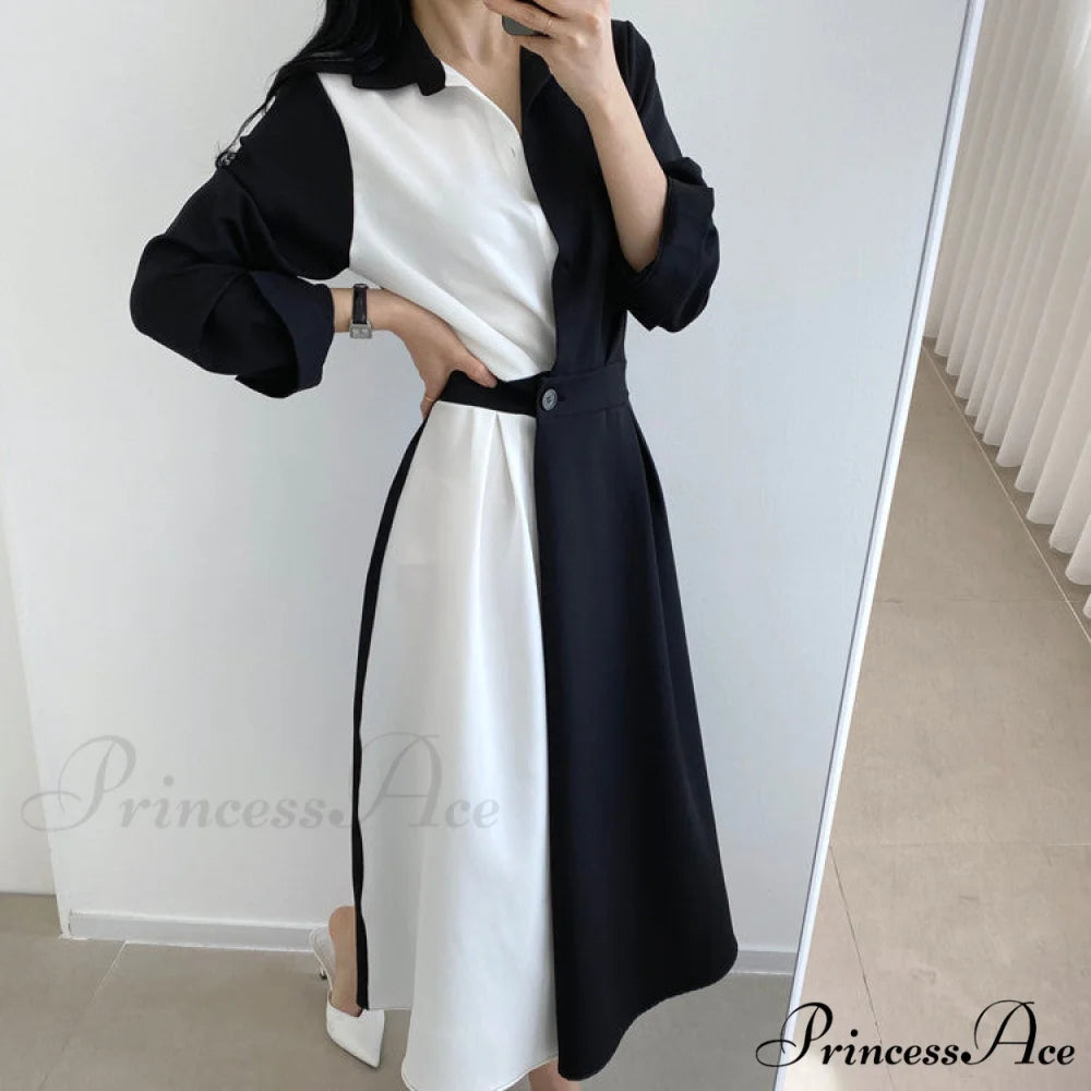 Contrast - Blouse Lapel Fashion Midi Gown Elegant Color Retro Gown Slim Long-Sleeved Korean Chic for Women