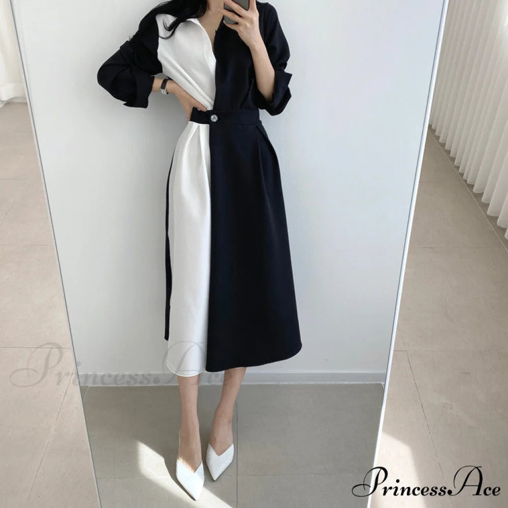 Contrast - Blouse Lapel Fashion Midi Gown Elegant Color Retro Gown Slim Long-Sleeved Korean Chic for Women