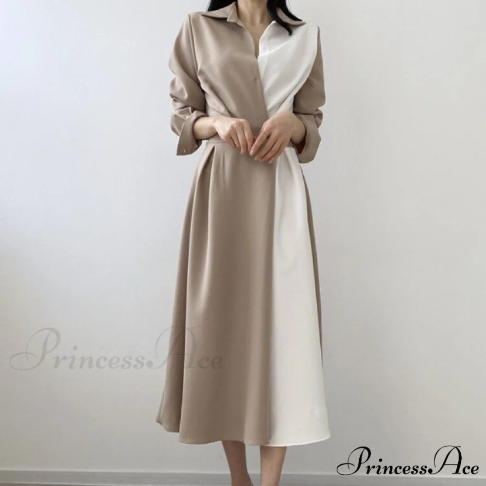 Contrast - Blouse Lapel Fashion Midi Gown Elegant Color Retro Gown Slim Long-Sleeved Korean Chic for Women