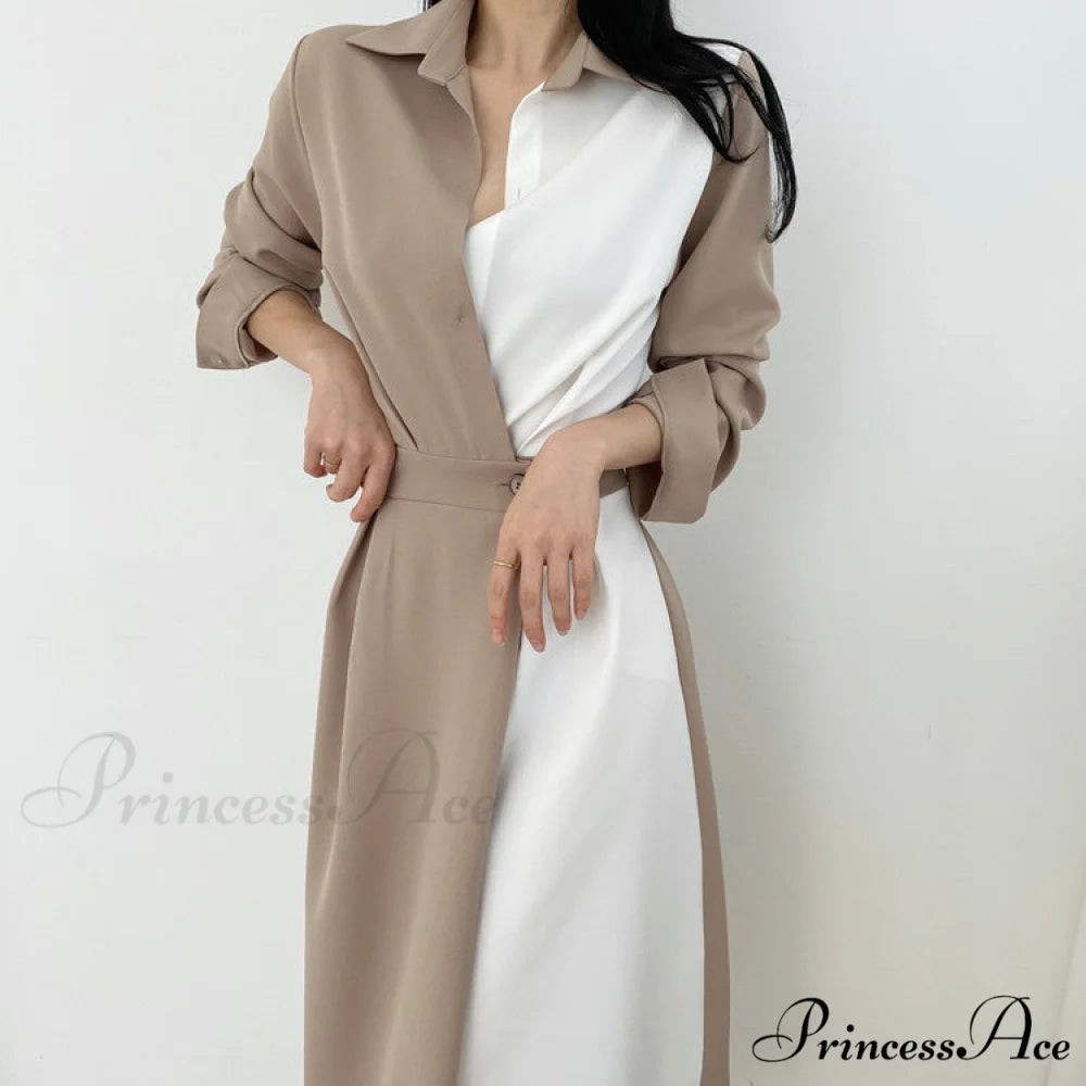 Contrast - Blouse Lapel Fashion Midi Gown Elegant Color Retro Gown Slim Long-Sleeved Korean Chic for Women