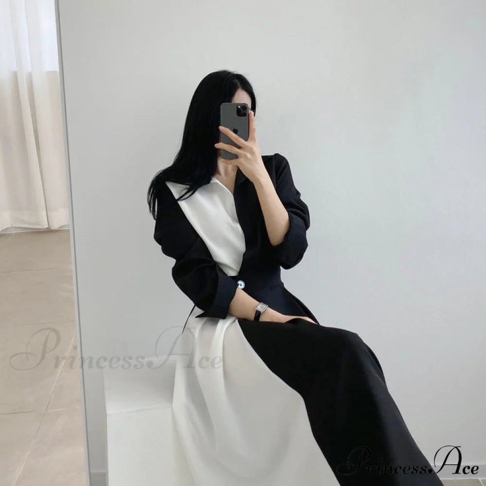 Contrast - Blouse Lapel Fashion Midi Gown Elegant Color Retro Gown Slim Long-Sleeved Korean Chic for Women