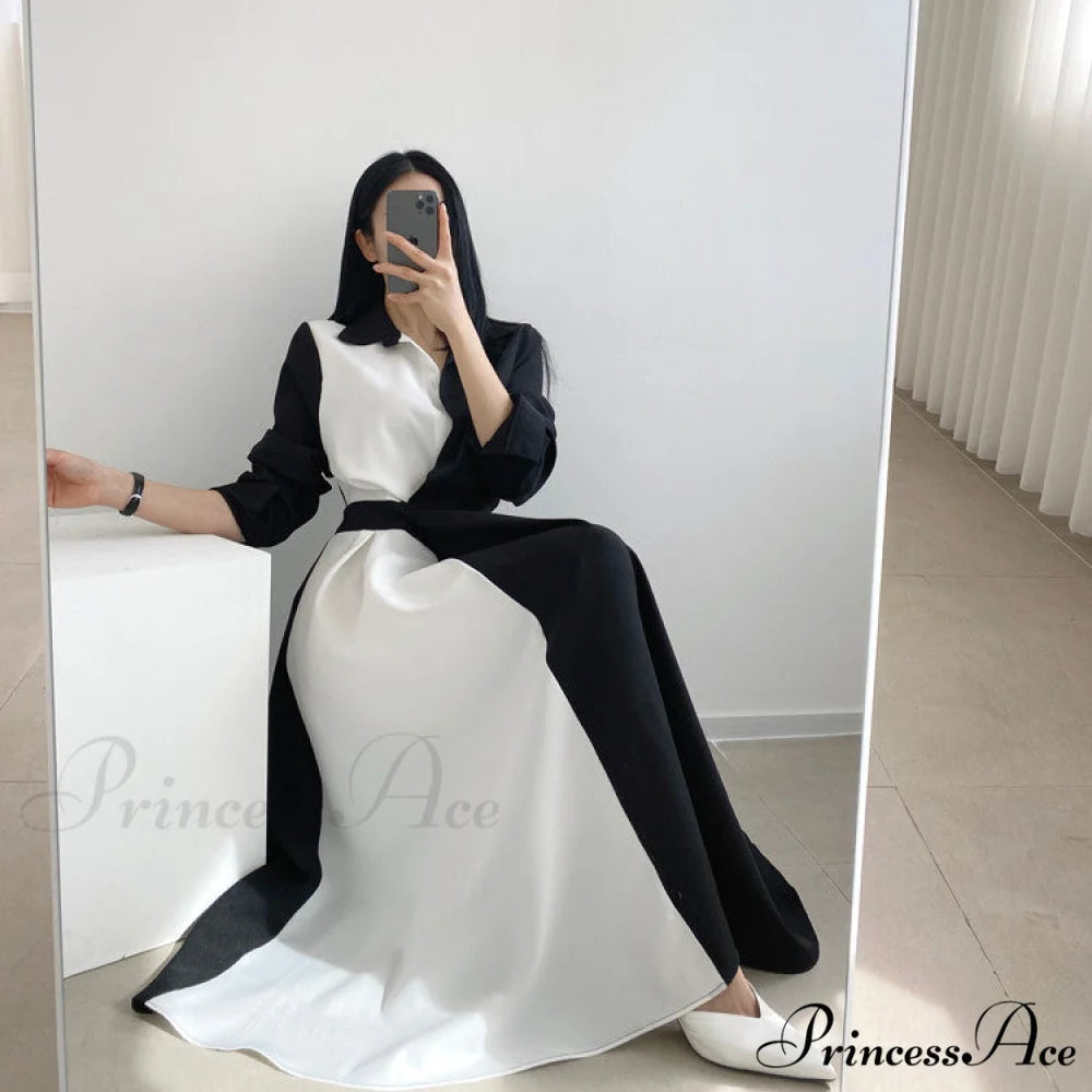 Contrast - Blouse Lapel Fashion Midi Gown Elegant Color Retro Gown Slim Long-Sleeved Korean Chic for Women