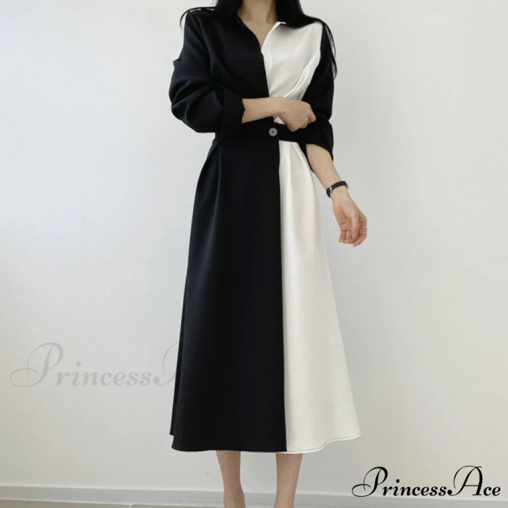 Contrast - Blouse Lapel Fashion Midi Gown Elegant Color Retro Gown Slim Long-Sleeved Korean Chic for Women Photo