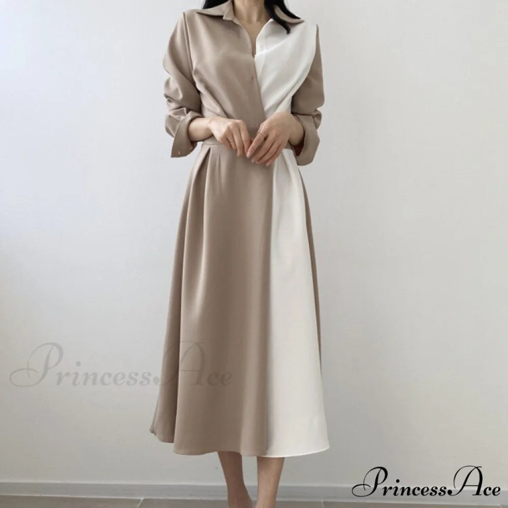 Contrast - Blouse Lapel Fashion Midi Gown Elegant Color Retro Gown Slim Long-Sleeved Korean Chic for Women Photo color