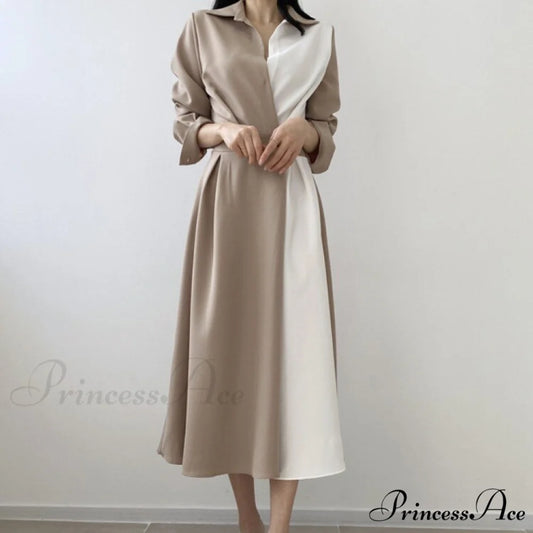 Contrast - Blouse Lapel Fashion Midi Gown Elegant Color Retro Gown Slim Long-Sleeved Korean Chic for Women Photo color