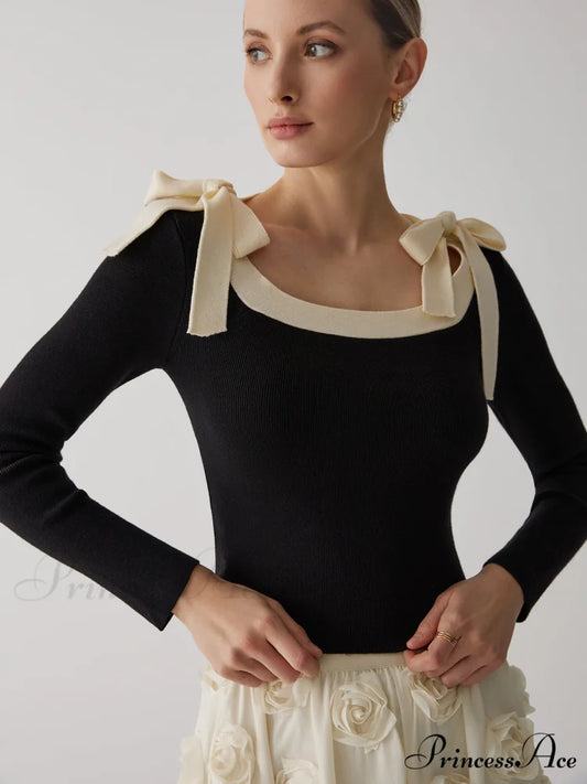 Contrast Bow Crew Trendy Neck Knit Top Black / XS