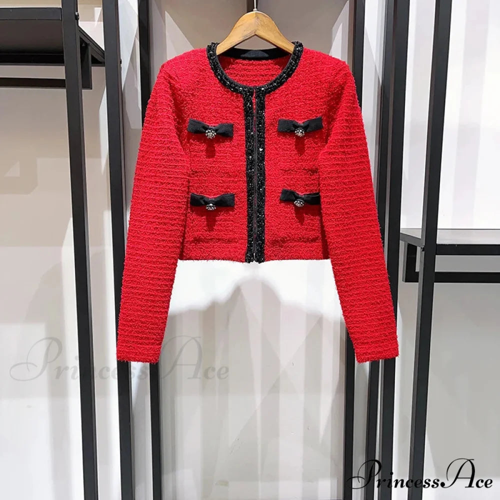 Contrast Bow Sequins Slim Knit Set Cardigan red top / S
