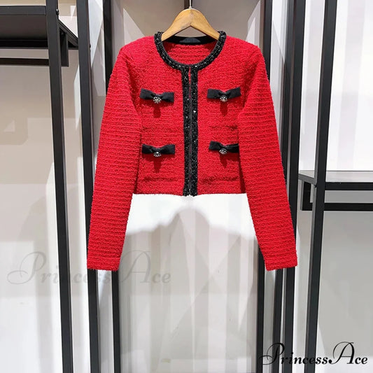 Contrast Bow Sequins Slim Knit Set Cardigan red top / S