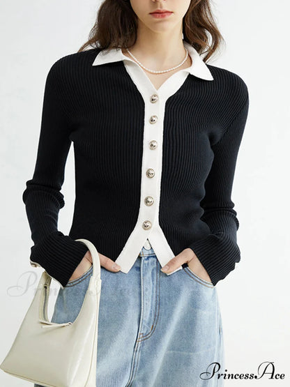 Contrast Charming Elegant Cardigan Black / XS