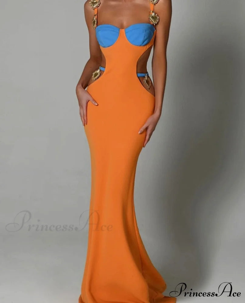 Contrast Color Side Charming Cut Charm Strap Dress Orange Maxi Dress / S