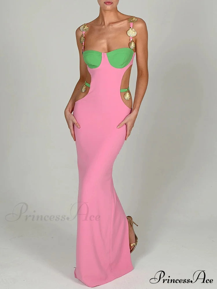 Contrast Color Side Charming Cut Charm Strap Dress Pink Maxi Dress / S