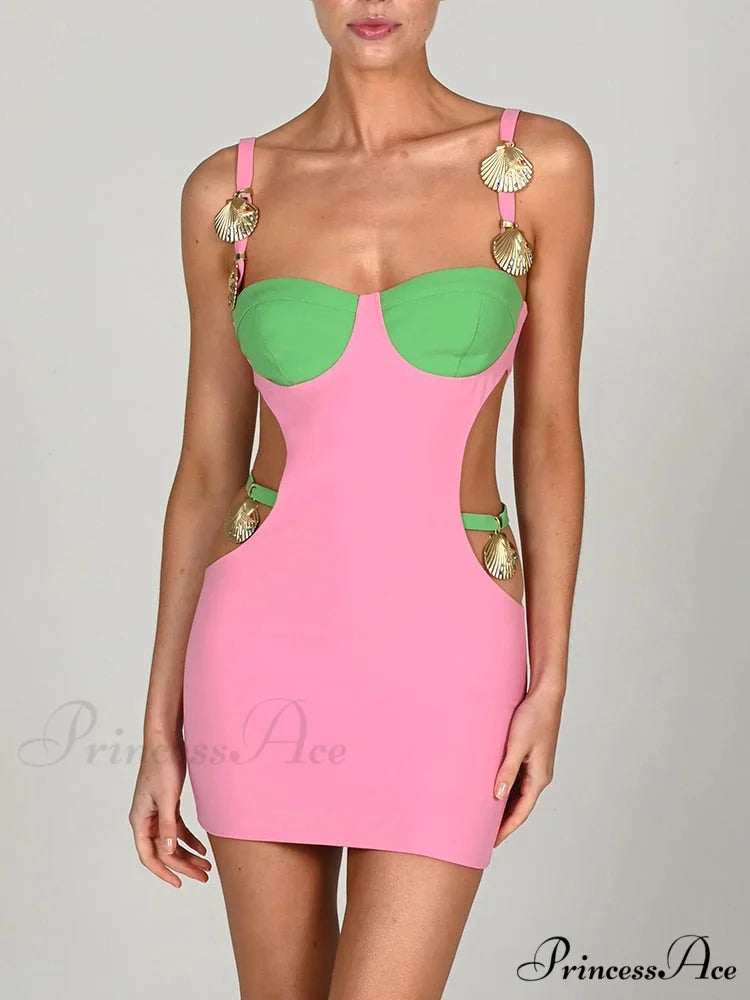 Contrast Color Side Charming Cut Charm Strap Dress Pink Mini Dress / S
