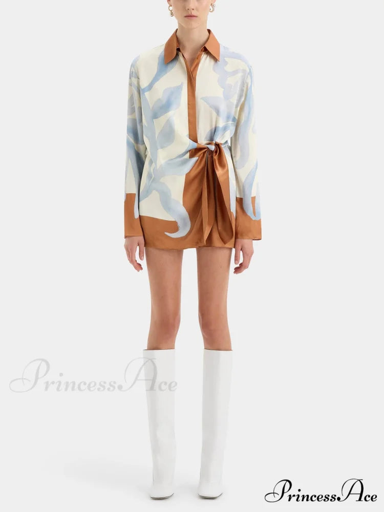 Contrast Color Tie-Dye Irregular Graceful Knotted Shirt Short Dress