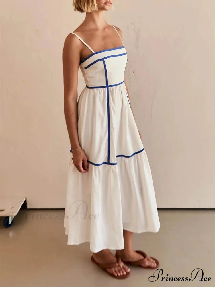 Contrast Color Trim Charming Adjustable Straps Midi Dress